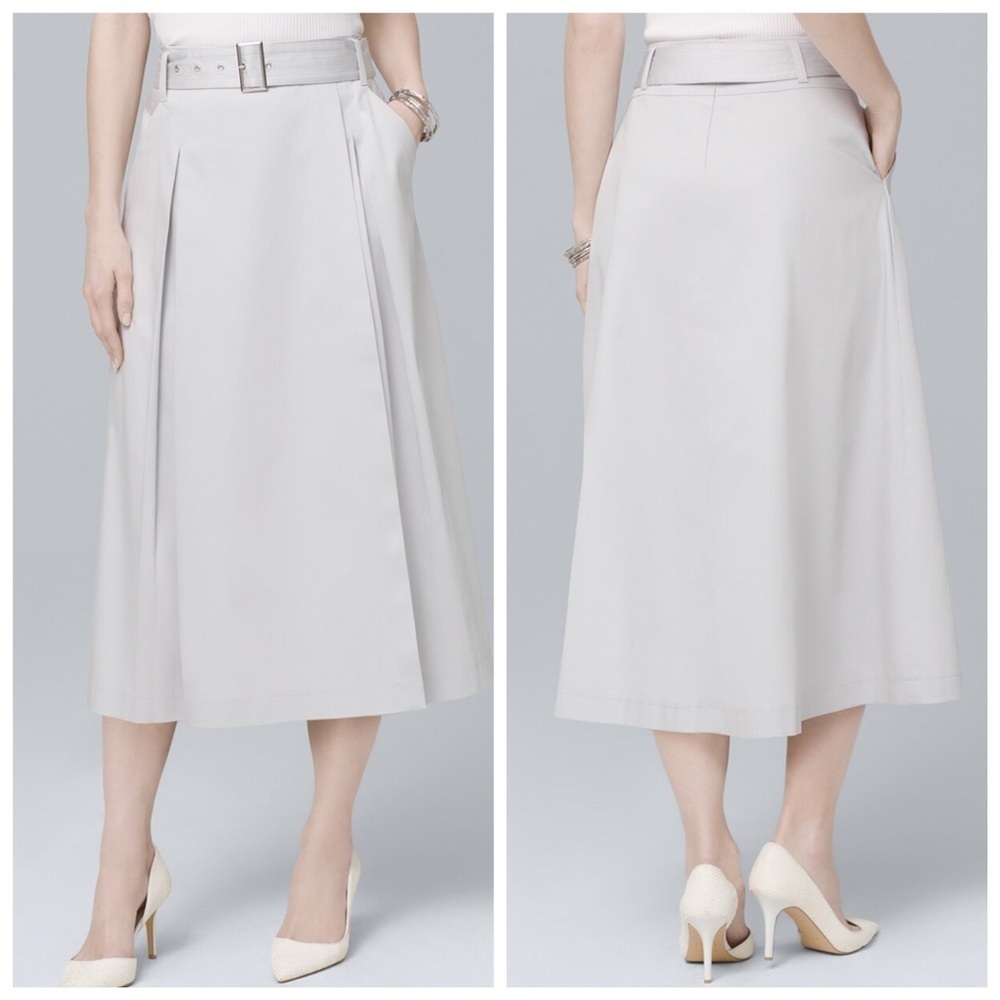 White House Black Market Gray Pleated Faux-Wrap Midi Skirt belted size 2